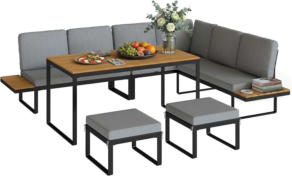 Salon de Jardin jardinite - 6-8 pers - Ensemble aluminium, table haute, canapé d'angle, table bois composite, gris - OJ-6