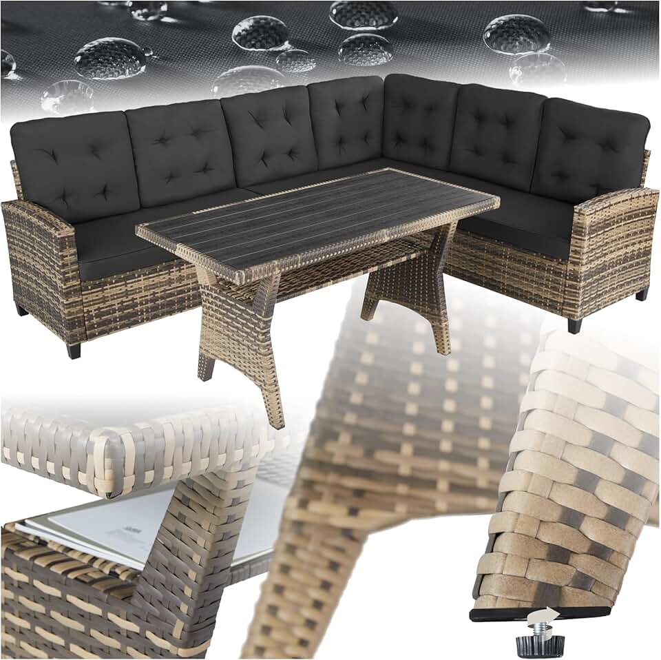 jardinite - salon de jardin XXL 6 places, rotin, coussins moelleux, table