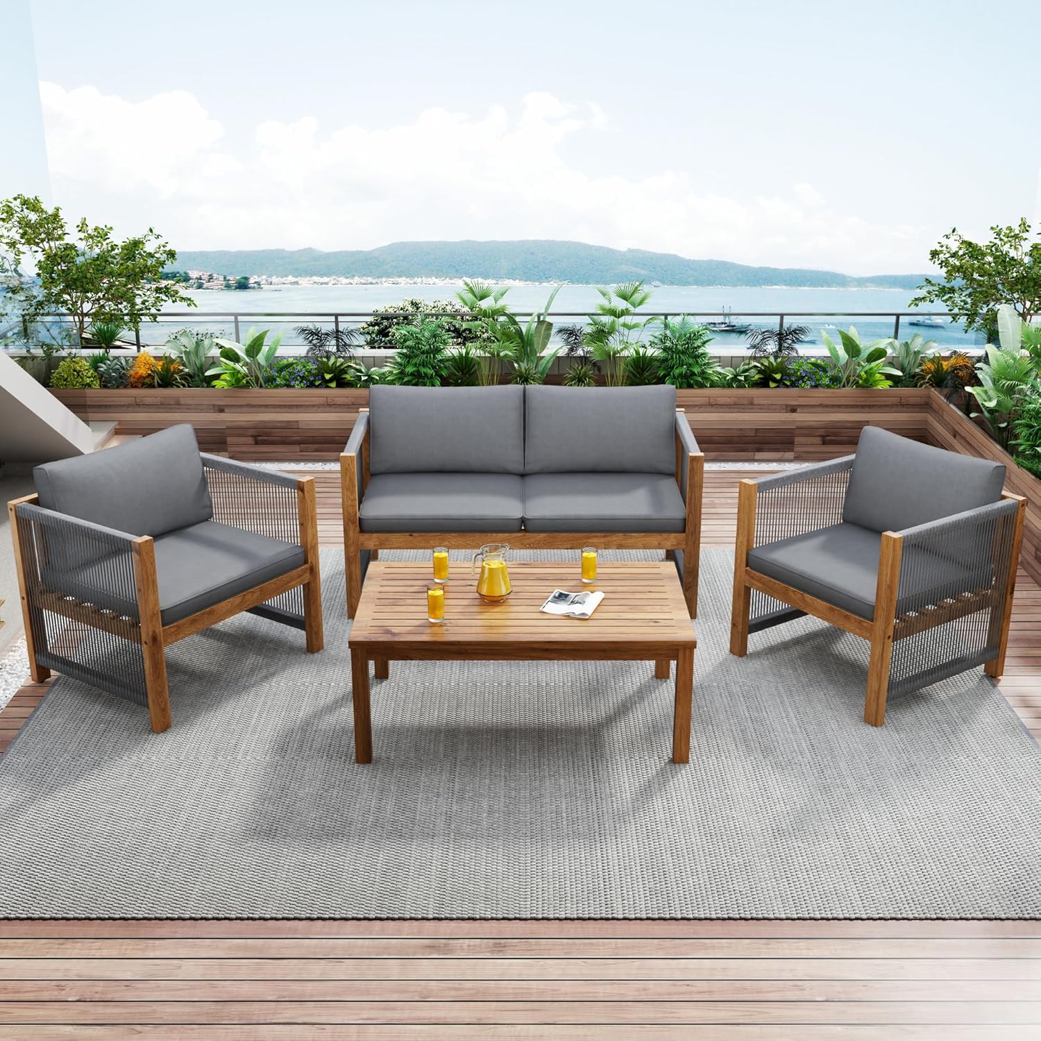 Meuble de jardin - canapé 2 places, 2 fauteuils, table basse - rotin tressé, acacia, 4 personnes, terrasse extérieure