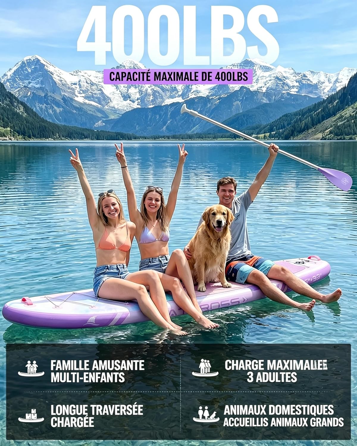 Stand Up Paddle Gonflable Adulte avec Siège Kayak & Accessoires, 320x84cm Planche de Sup Extra Large pour 2 Personnes, Charge 200kg, Kayak Gonflable 2 Places Stable et Antidérapant pour Surf