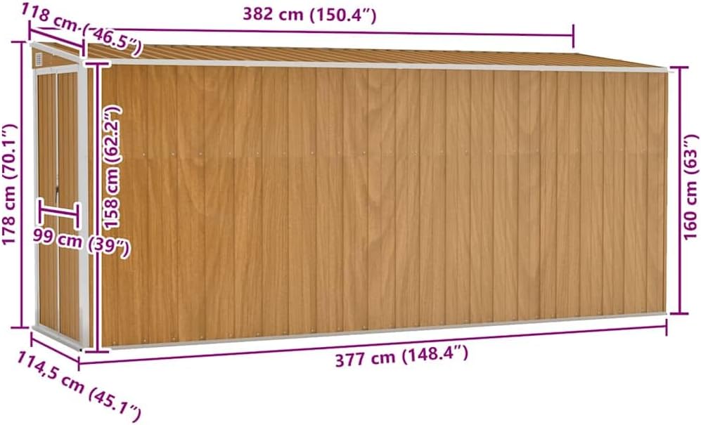jardinite Abri de Jardin Mural Marron 118 x 382 x 178 cm Acier galvanisé,Structures extérieures, Cabanes & abris de Jardin,316232