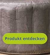 Le texte « Produkt entdecken » est inscrit sur un élément en forme de bouton vert citron sur un coussin texturé gris ou une surface rembourrée.