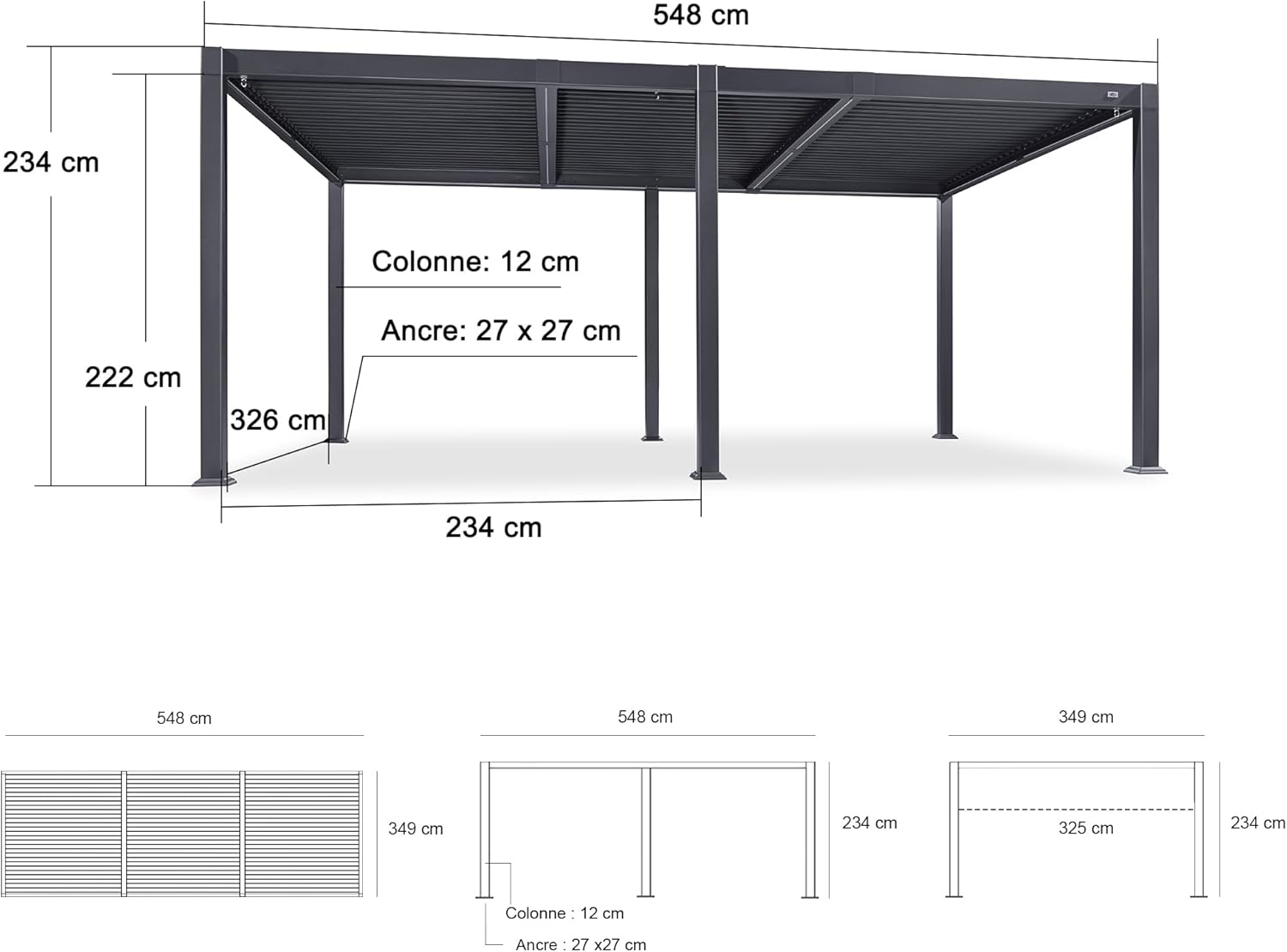 jardinite - Pergola bioclimatique - 3,5x5,5m - alu, lames LED, étanche