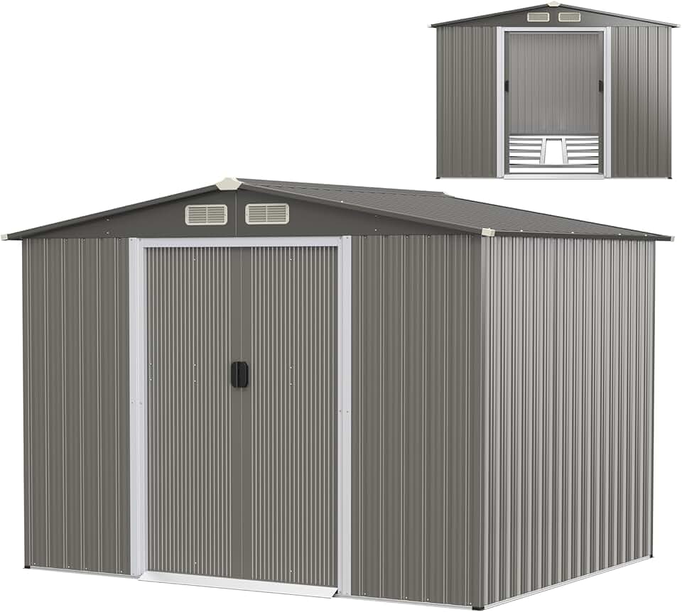 jardinite Abri de Jardin 4.7㎡en Acier Galvanisé Anti-UV, 260 x 207 x 181 CM, Cabane de Jardin Exterieur 9.7 m³ avec Fondation et Porte Coulissante, Rampe, 4 Trous d’Aération, 4 Gants Inclus, Gris Foncé