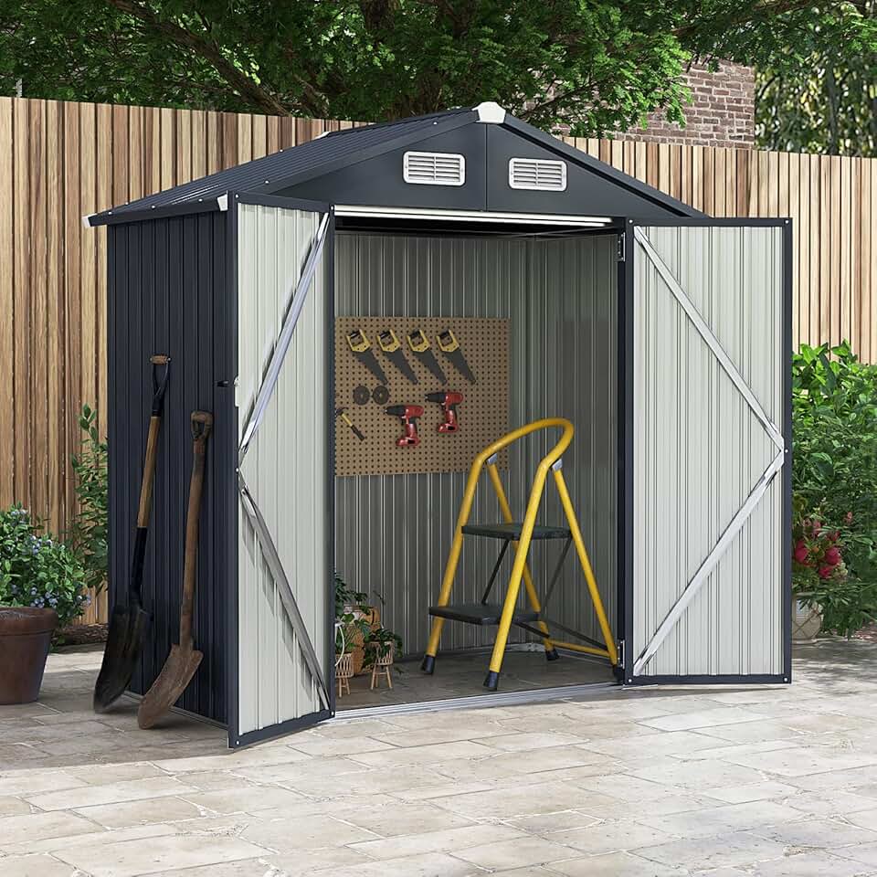 jardinite Abri de Jardin Métal Galvanisé 3,4 m³,Double Porte Verrouillable avec Clé, Cabane de Jardin Exterieur, Abri Rangement Exterieur pour Vélo, Poubelle, Outil