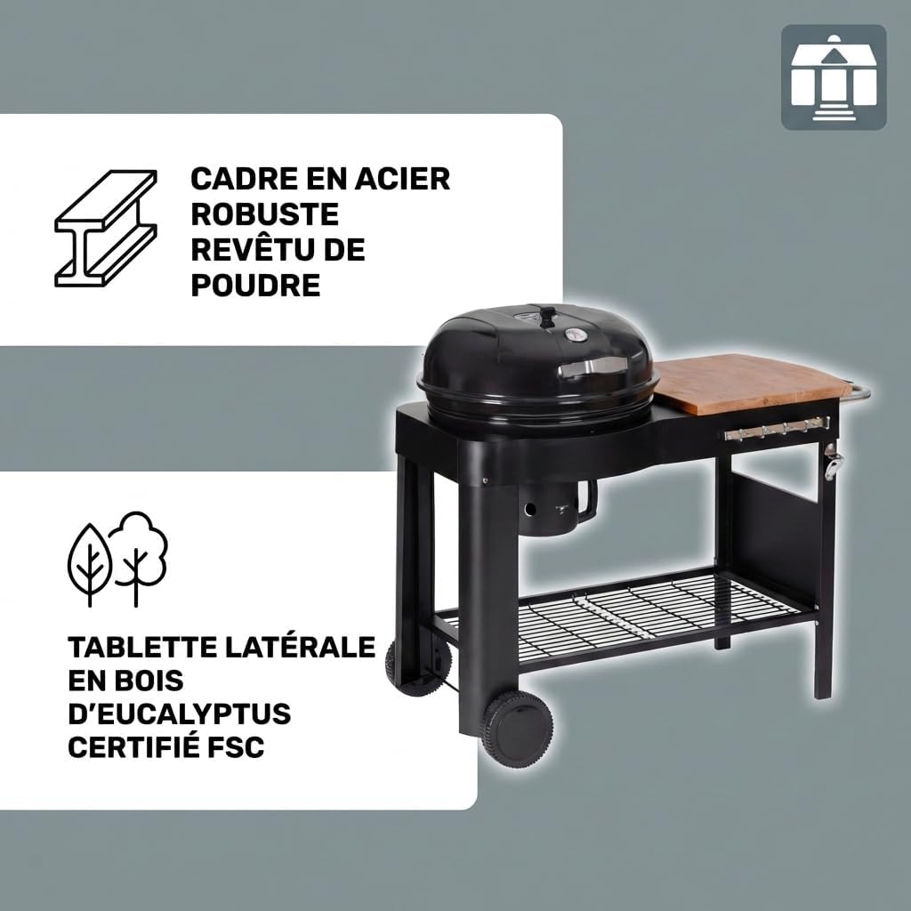 jardinite - Barbecue Calgary - acier/bois - couvercle thermomètre, tablettes, 2 roues, noir