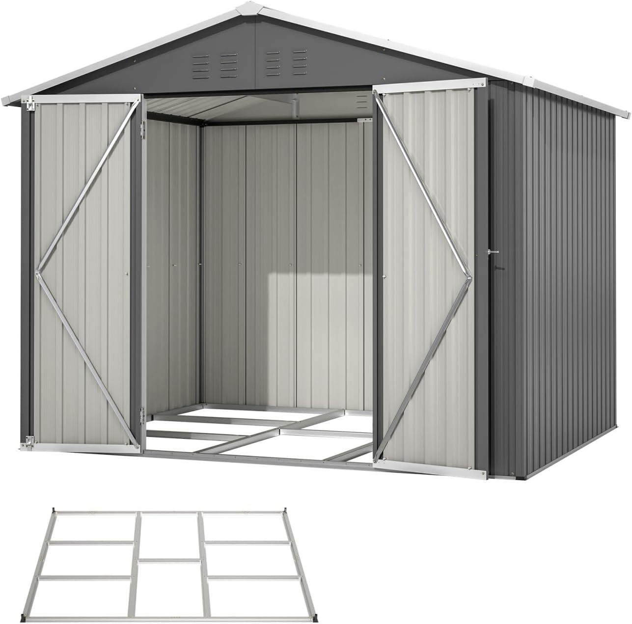 Abri de Jardin Métal Galvanisé avec Fondation, Cabane de Jardin Extérieur Résistant aux Intempéries, Cabanon de Rangement Spacieux, Toit Incliné Anti-Pluie, Marron (8x6 FT)
