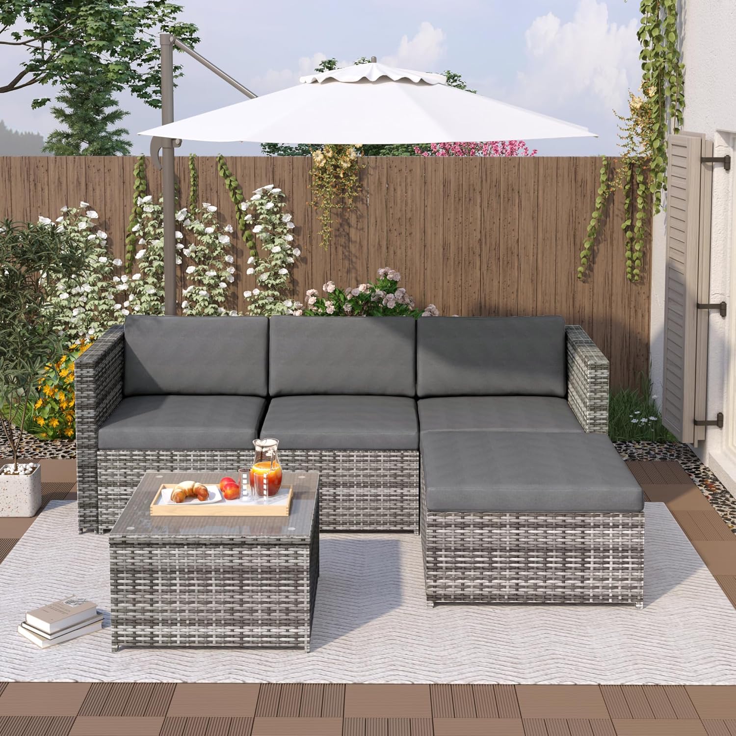 Salon de jardin modulable 4 places, poly rotin, coussins, table verre