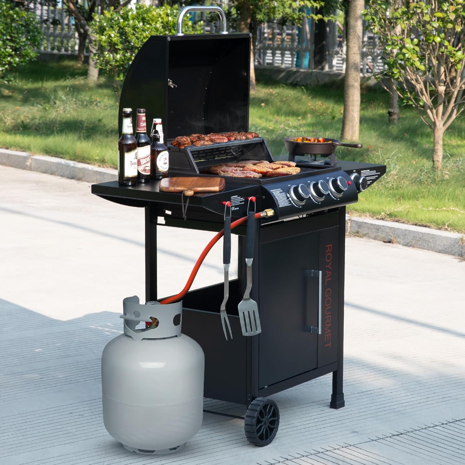jardinite - barbecue gaz 3+1 brûleurs inox - 11,5 kW - chariot, 2 roues, thermomètre