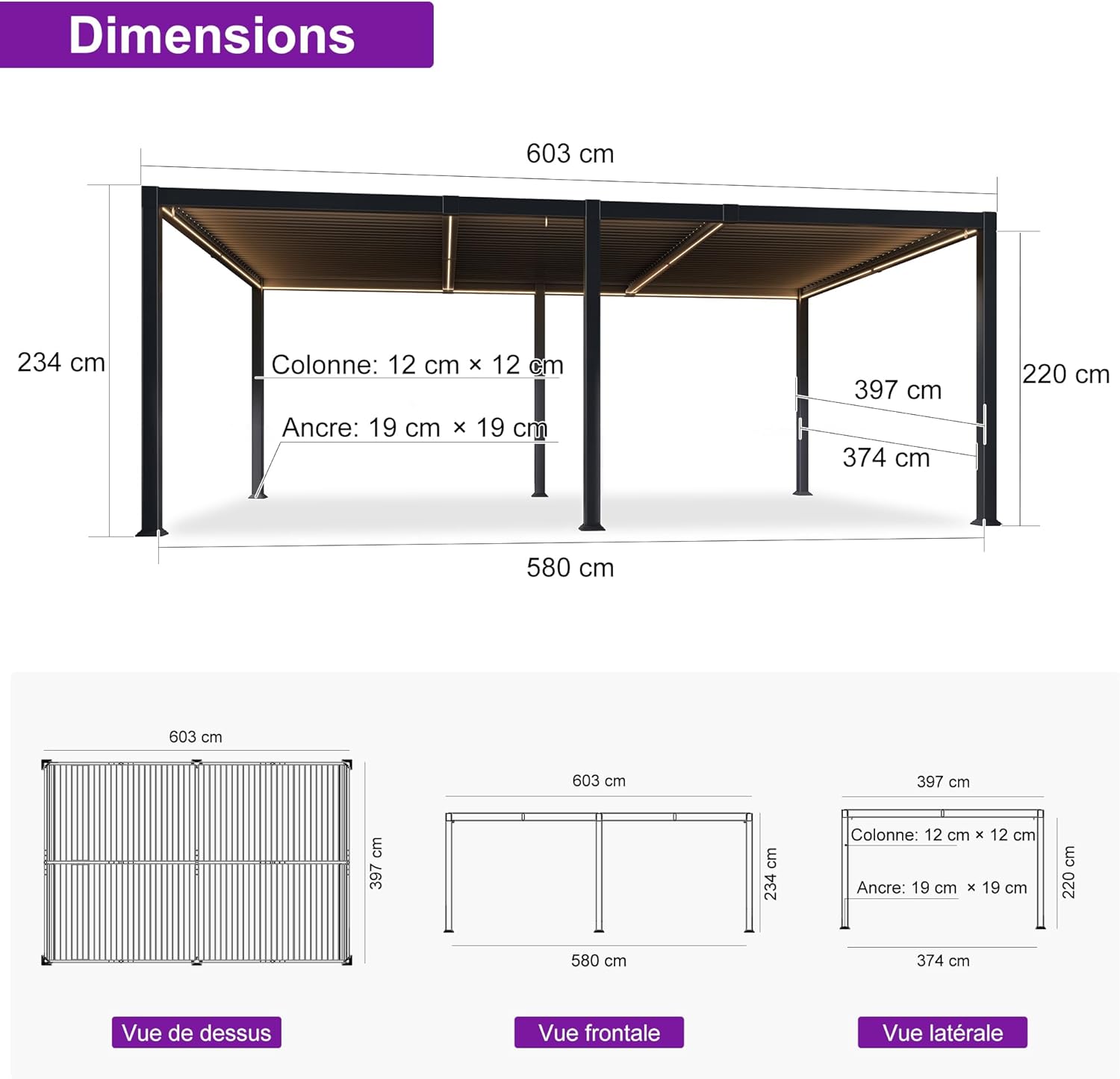 jardinite - Pergola bioclimatique - 4x6m - alu lames LED gris