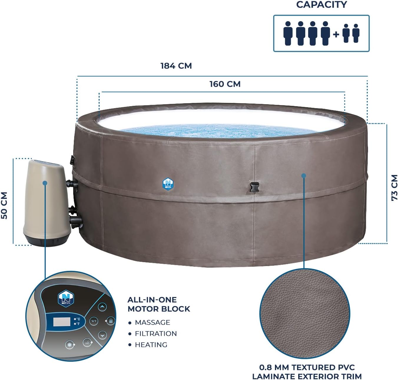 jardinite - Spa - Vita Premium - SP-VIP160C - Gonflable - 6 Places (4 Adultes + 2 Enfants) - Bache De Protection - Réchauffeur - 1100 L - Couverture Simili-Cuir Premium