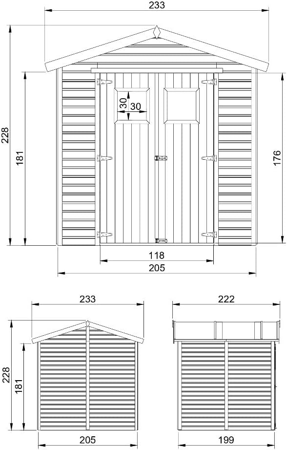 Abri de Jardin en Bois Naturel Plus Les PLANCHERS IMPRÉGNÉ - Stockage extérieur avec fenêtres H228x222x233 cm/4,2 m² Hangar en Bois Naturel - Atelier Rangement Outils et vélos- jardinite M351+M351G