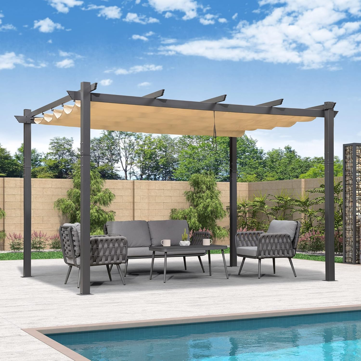 jardinite - pergola aluminium série - 4x3,2m - toile teintée, toit coulissant, kaki