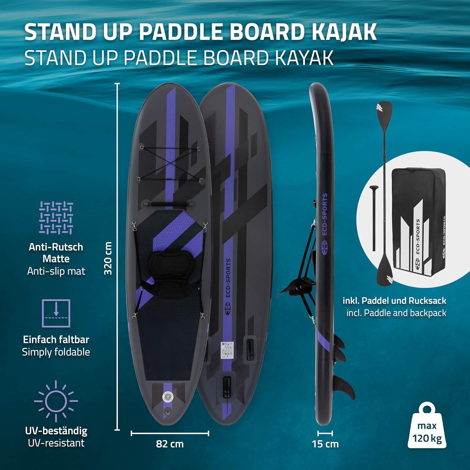 jardinite - Stand Up Paddle Gonflable - 305/308/320/380 cm - PVC, 120/150 kg, 10/15 cm