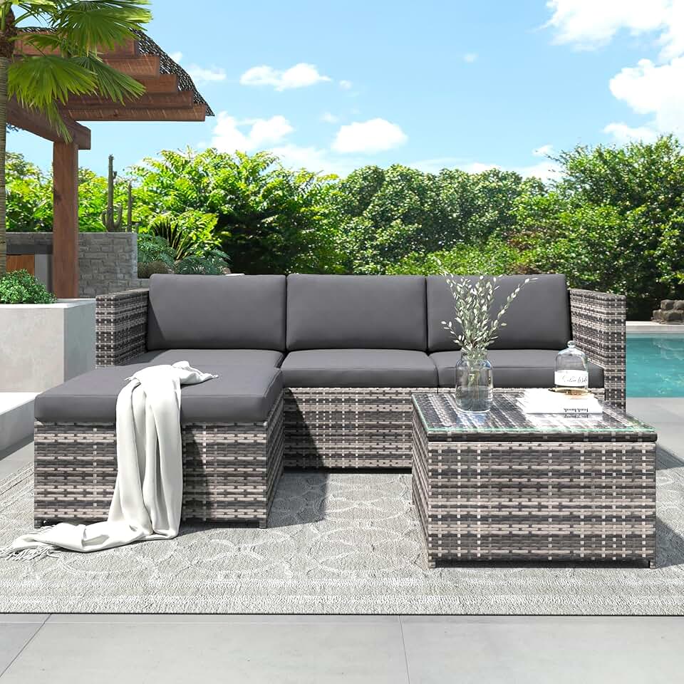jardinite - Salon de jardin 3 places  - rotin, coussins, table verre, gris