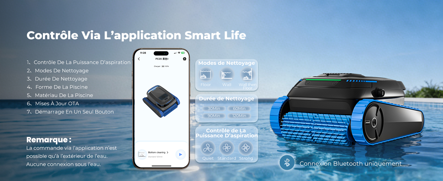 Le texte indique « Contrôle via l'application Smart Life » avec un smartphone affichant l'interface de l'application et un robot nettoyeur de piscine bleu. L'image montre les fonctionnalités de contrôle de l'application et les fonctionnalités des appareils intelligents connectés pour l'entretien de la piscine.