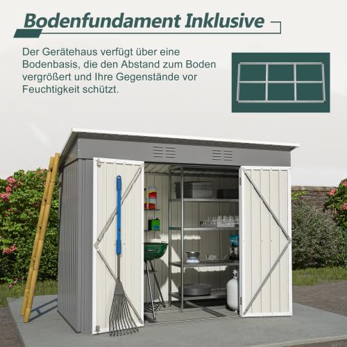 Abri de jardin, abri à outils, en métal, 229 x 111 cm, avec fondation, résistant aux intempéries, gris pour vélos et outils
