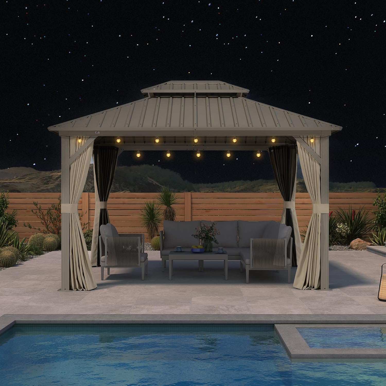 jardinite Tonnelle de Jardin Extérieur 3,65 x 3 m avec Éclairage Extérieur, Pergola Aluminium à Toit Rigide en Acier Galvanisé, Pavillon Imperméable pour Camping, Fête, Barbecue, Champagne