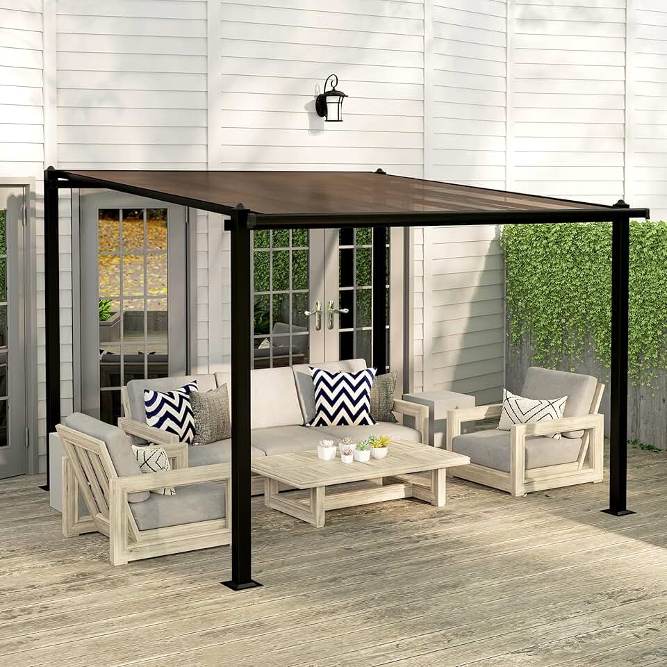 jardinite - Pergola adossée aluminium - 3x3m - toit polycarbonate, drainage, UPF30+, gris
