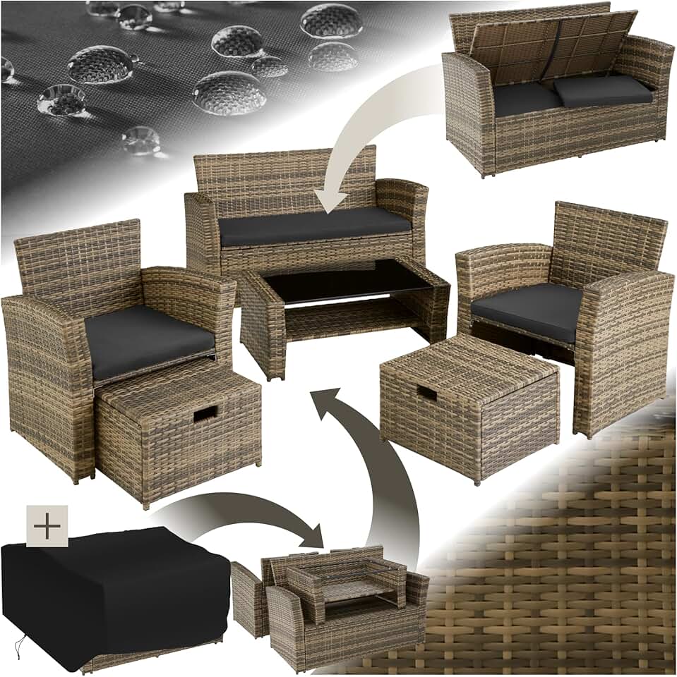 jardinite - Ensemble salon de jardin 6 places - poly rotin, coussins épais, table basse, marron naturel
