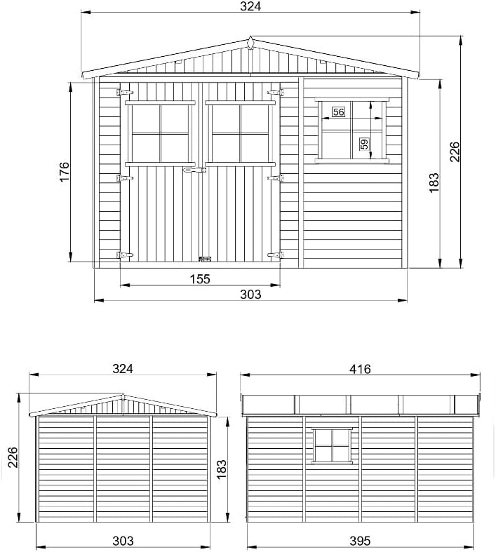 ABRI de Jardin en Bois Exterieur avec Les PLANCHERS IMPRÉGNÉ - en Pin/épicéa- H226x324x416 cm/12 m²- Construction de Panneaux- Rangement pour vélos, Remise à Outils- jardinite M336+M336G