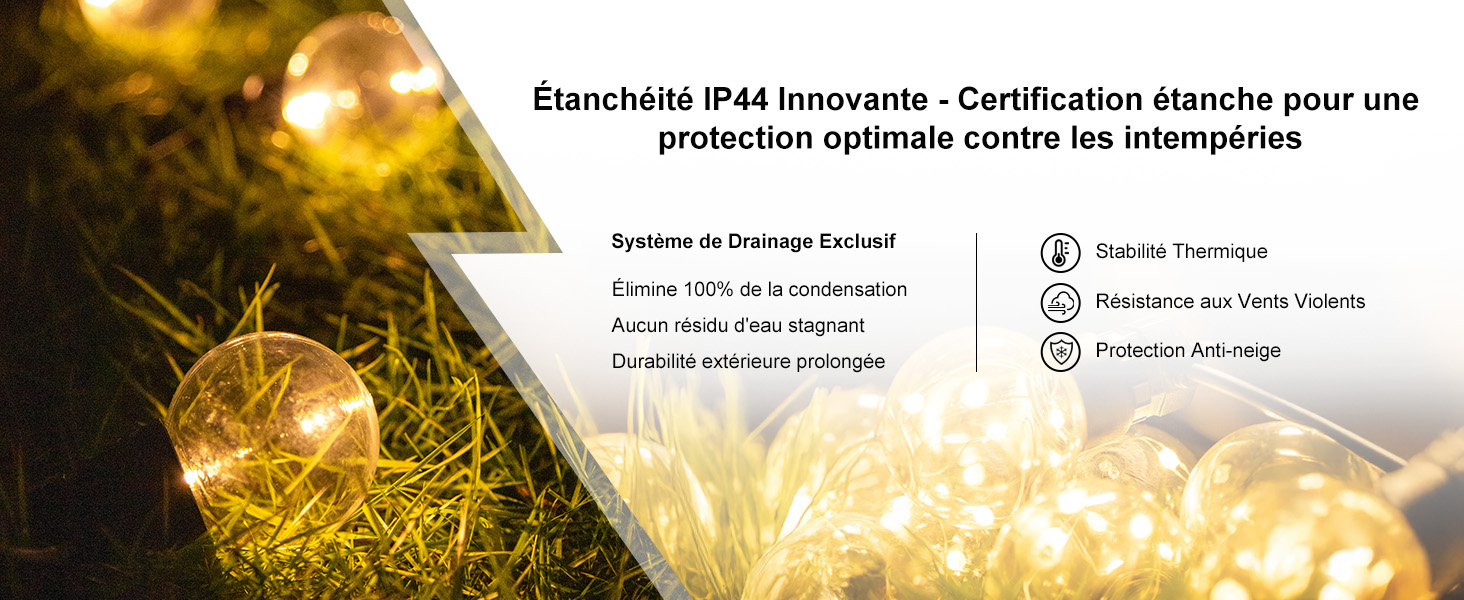 à ampoules rondes nichées dans l'herbe. La superposition de texte mentionne la certification d'étanchéité IP44 pour une protection optimale contre les intempéries