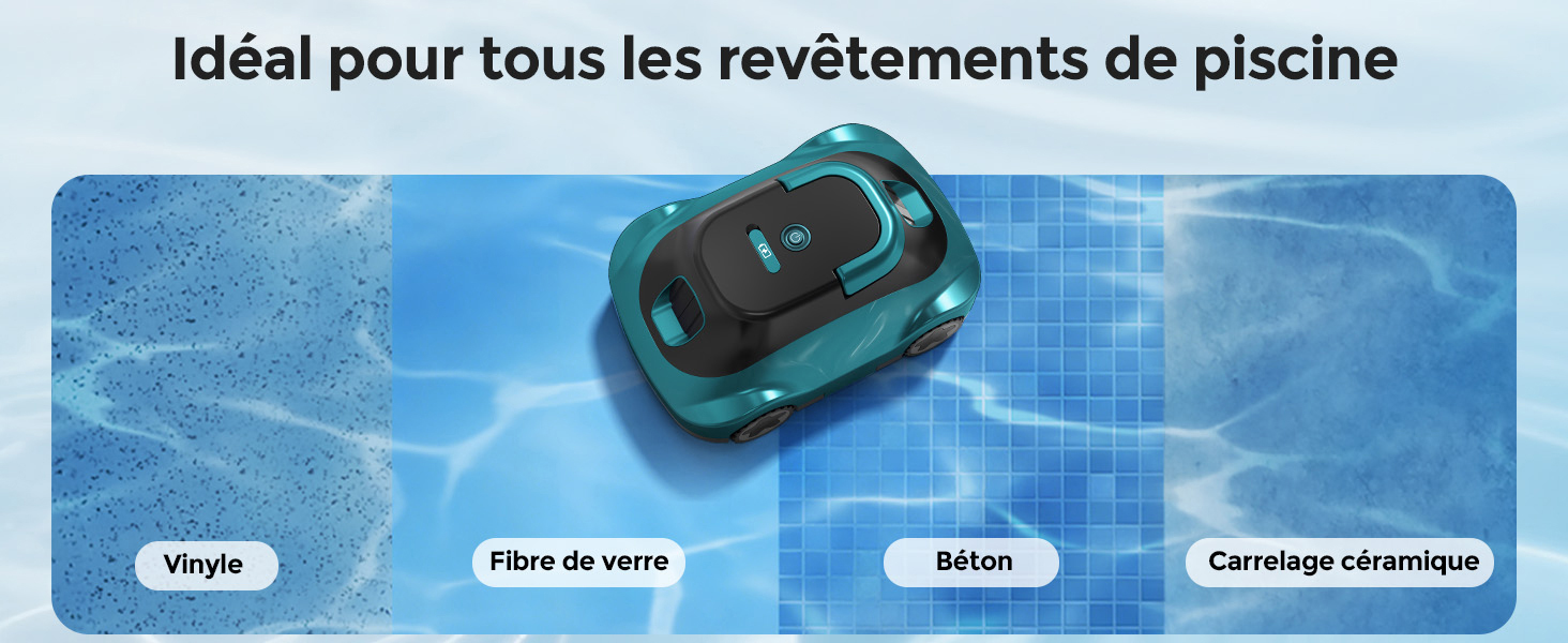 Le texte se lit comme suit : « Idéal pour tous les revêtements de piscine ». Le robot nettoyeur de piscine est représenté en bleu sarcelle au-dessus de l'eau de la piscine, avec des icônes indiquant la compatibilité avec les surfaces en vinyle, en fibre de verre et en céramique.
