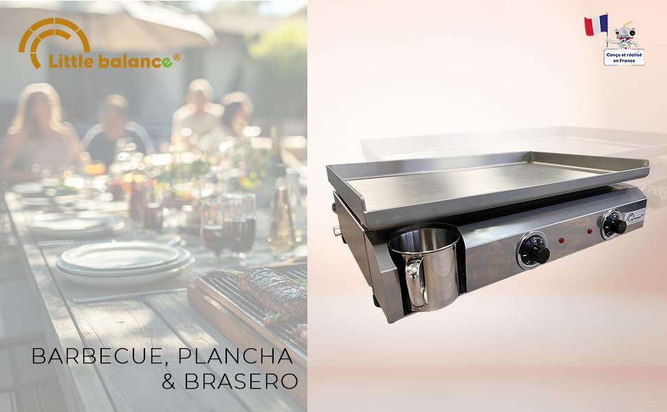 Le texte indique « my balance » et « BARBECUE, PLANCHA & jardinite ». Image divisée montrant une scène de repas et une plaque de cuisson à plaque chauffante/plancha en acier inoxydable avec poignées.