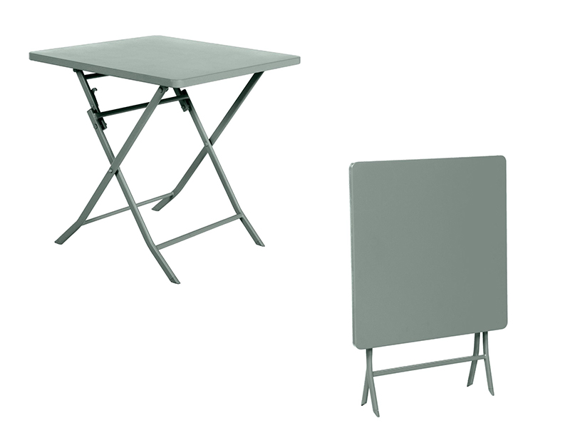 en gris clair. Deux vues présentées : complètement ouverte et pliée à plat. Structure en métal avec surface supérieure lisse.