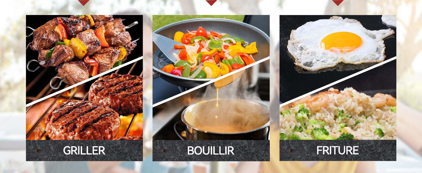 Trois icônes de méthodes de cuisson étiquetées « GRILLER », « BOUILLIR » et « FRITURE », représentant respectivement des viandes grillées, une marmite et un œuf au plat