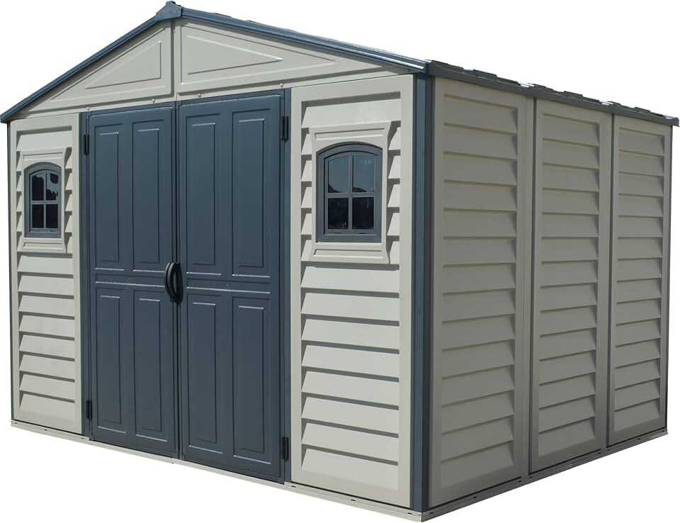 Abri de jardin jardinite WoodBridge II PLUS - 10.5 x 8 (7.64 m²) - Plastique, kit fondation, 2 fenêtres, toit métal, sans 