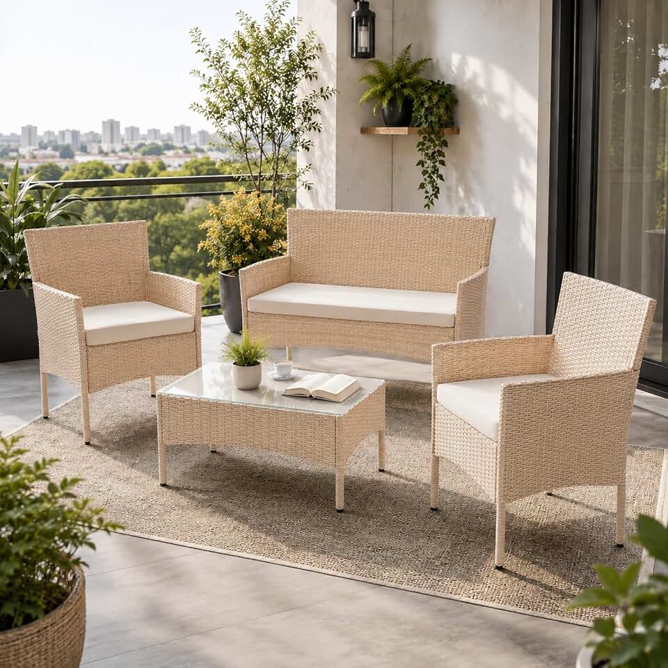 jardinite - Fort Myers - ensemble 4 places en résine tressée, canapé 2 places, fauteuils, table, coussins, mobilier extérie