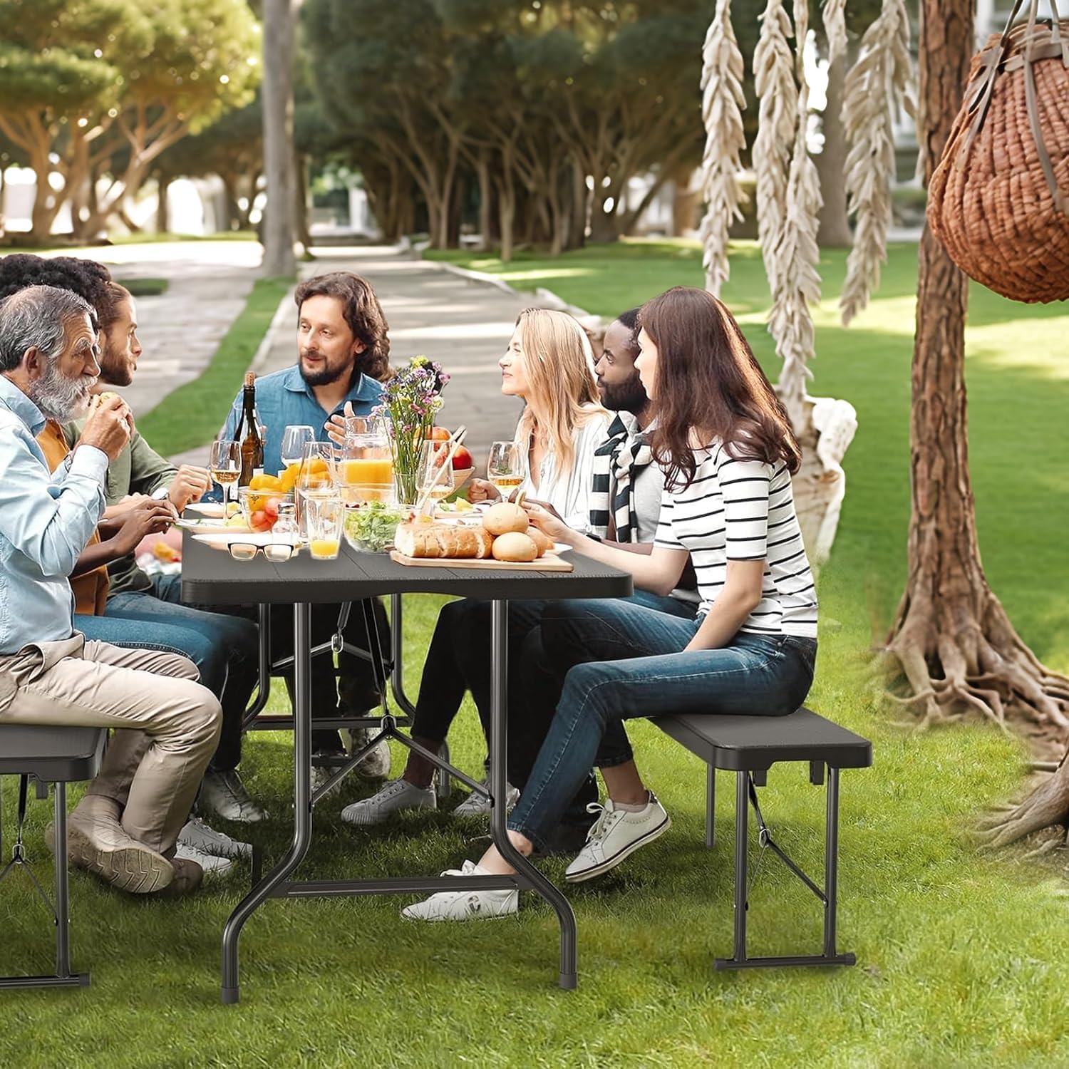 Ensemble Table et Bancs Pliante - 6/8 pers - extérieur/camping - 1 table + 2 bancs
