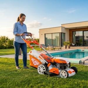 Femme utilisant une tondeuse à gazon autopropulsée orange et rouge sur l'herbe avec une maison moderne et une piscine en arrière-plan pendant la journée.
