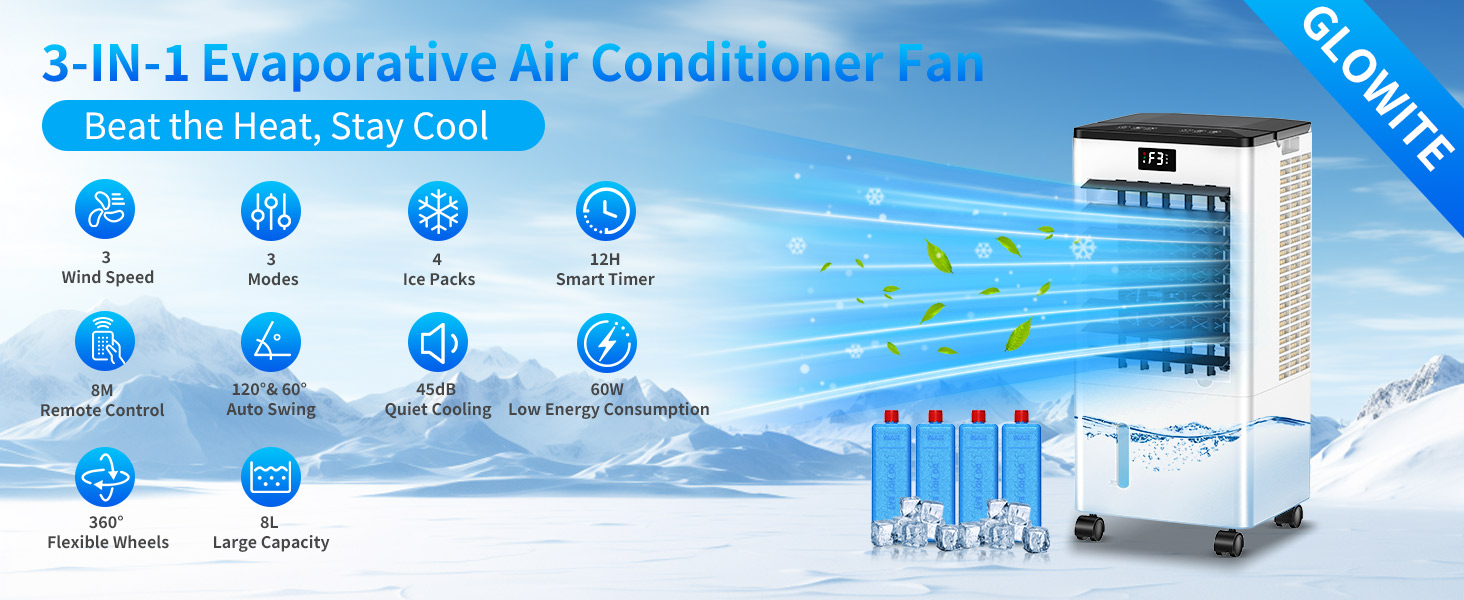 Le texte indique « Ventilateur de climatiseur par évaporation 3 en 1 » et « Combattez la chaleur, restez au frais ». Bannière du produit montrant une unité de refroidissement par air portable avec des graphiques bleus indiquant les caractéristiques de refroidissement.