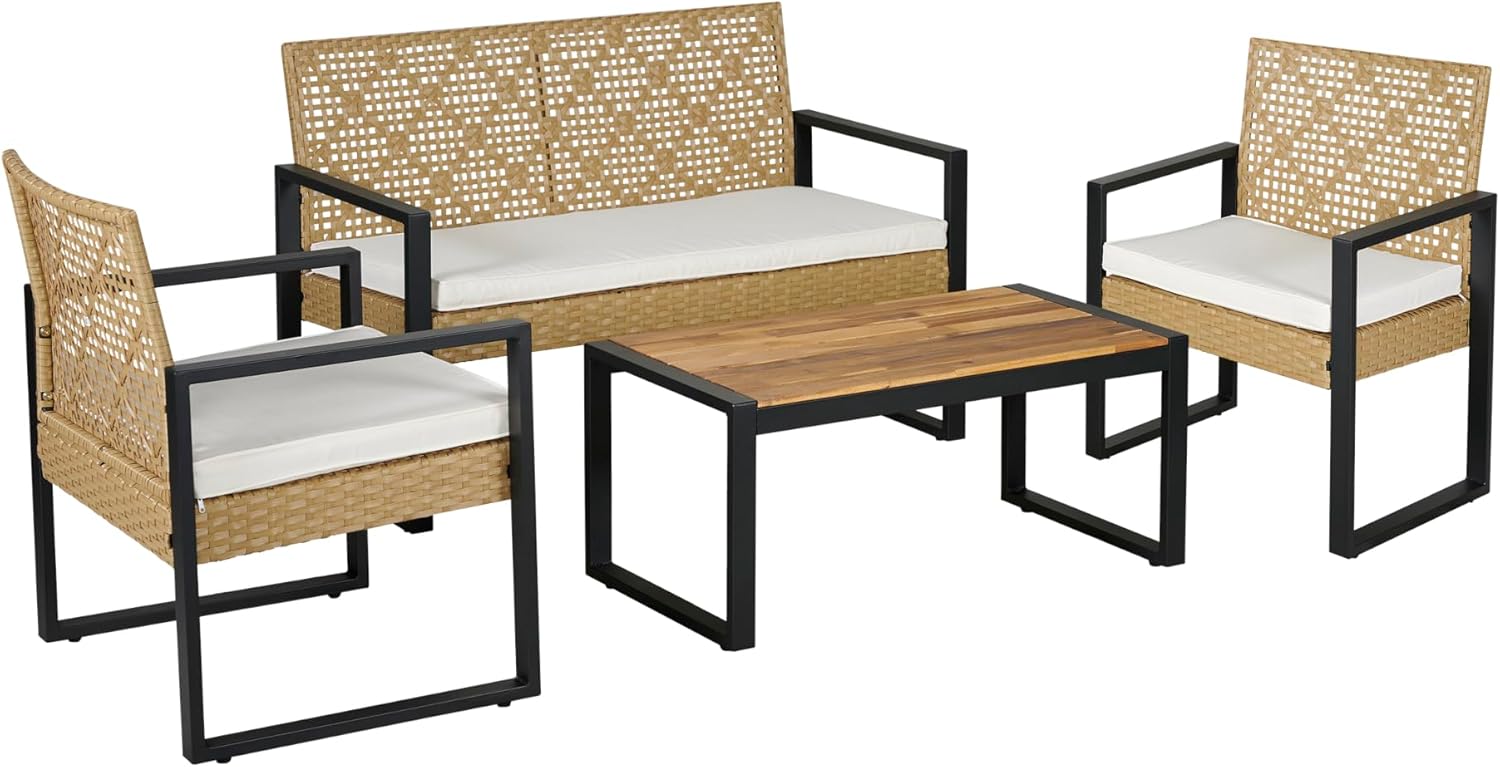 jardinite - Salon de jardin 4 pièces, acier/acacia, 2 chaises + banc, beige/naturel