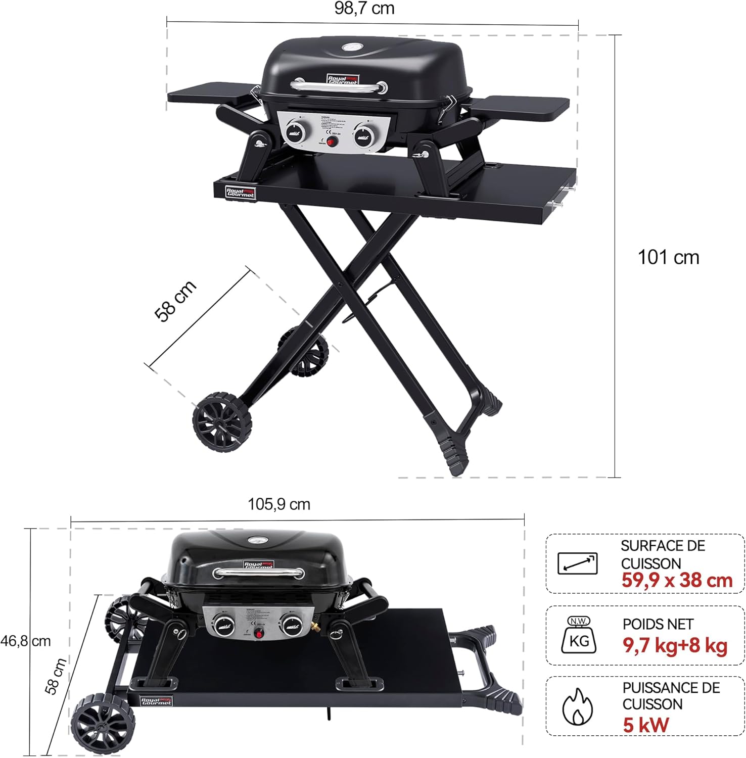 jardinite - barbecue gaz portable - 48x37 cm - 2 brûleurs, tables pliantes, chariot détachable, 5kW