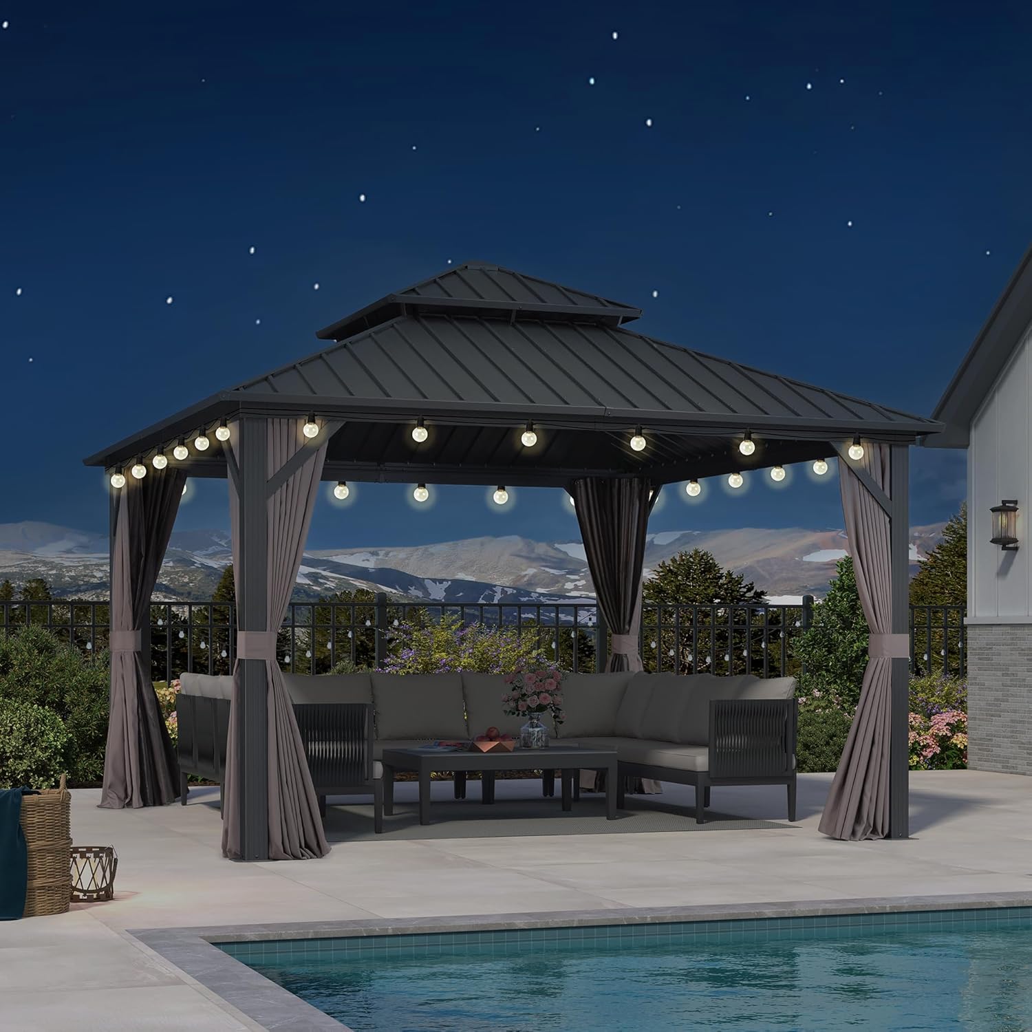 jardinite Tonnelle de Jardin Extérieur 3,65 x 3,65 m avec Guirlande Lumineuse, Pavillon Aluminium à Double Toit en Acier Galvanisé, Pergola Jardin Extérieur avec Rideaux pour Fête, Barbecue, Gris
