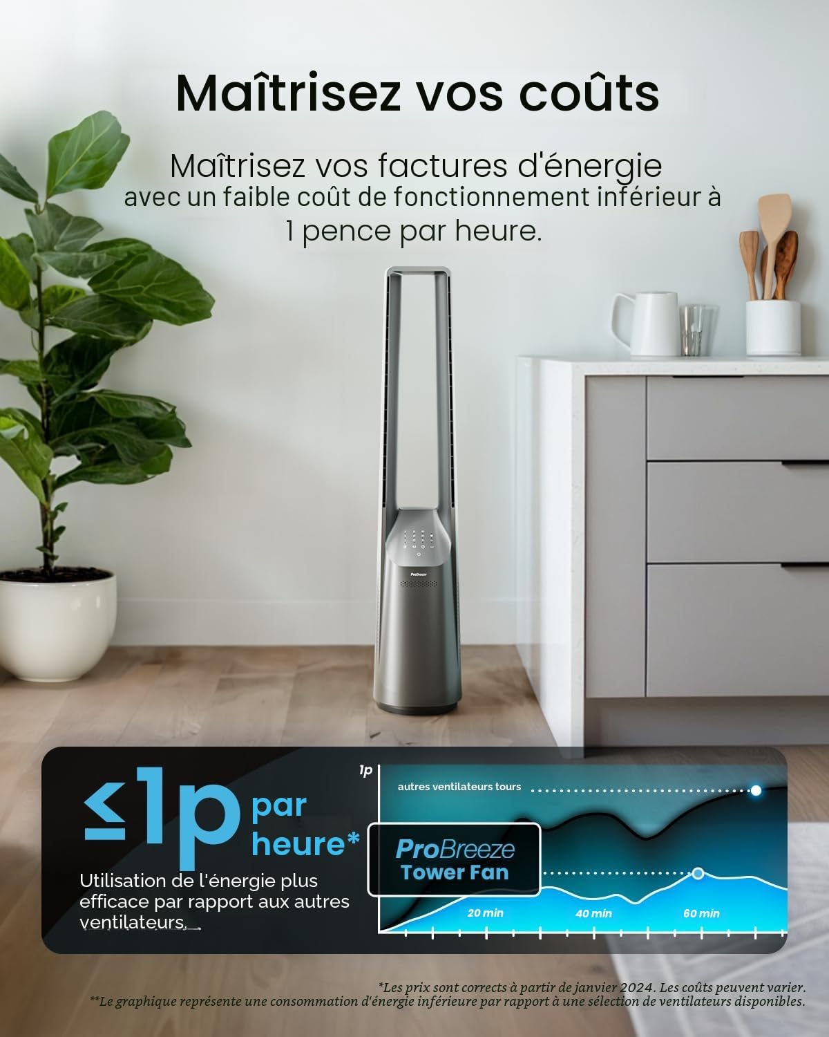 jardinite - Ventilateur tour 101 cm, 6 vitesses, oscillant, silencieux