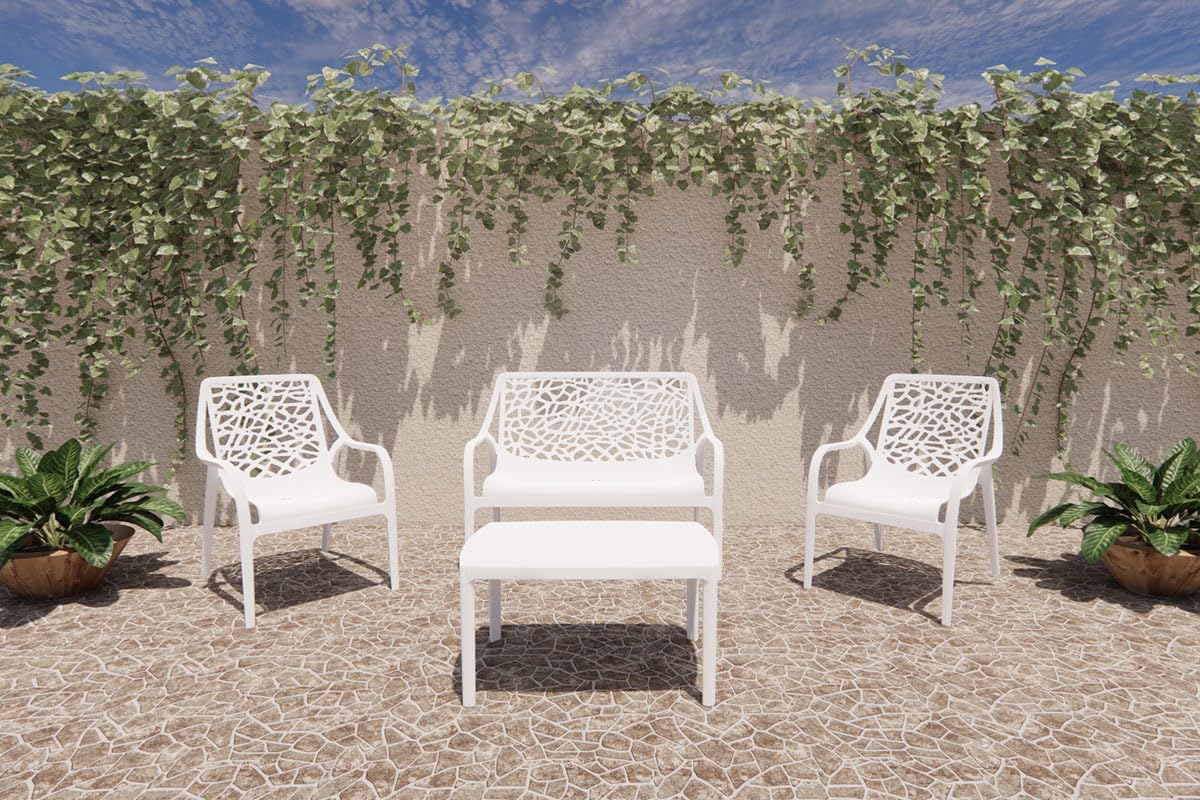 Salon de jardin - Maratea - 4 places - polypropylène fibre verre, empilable, imperméable, design moderne, blanc