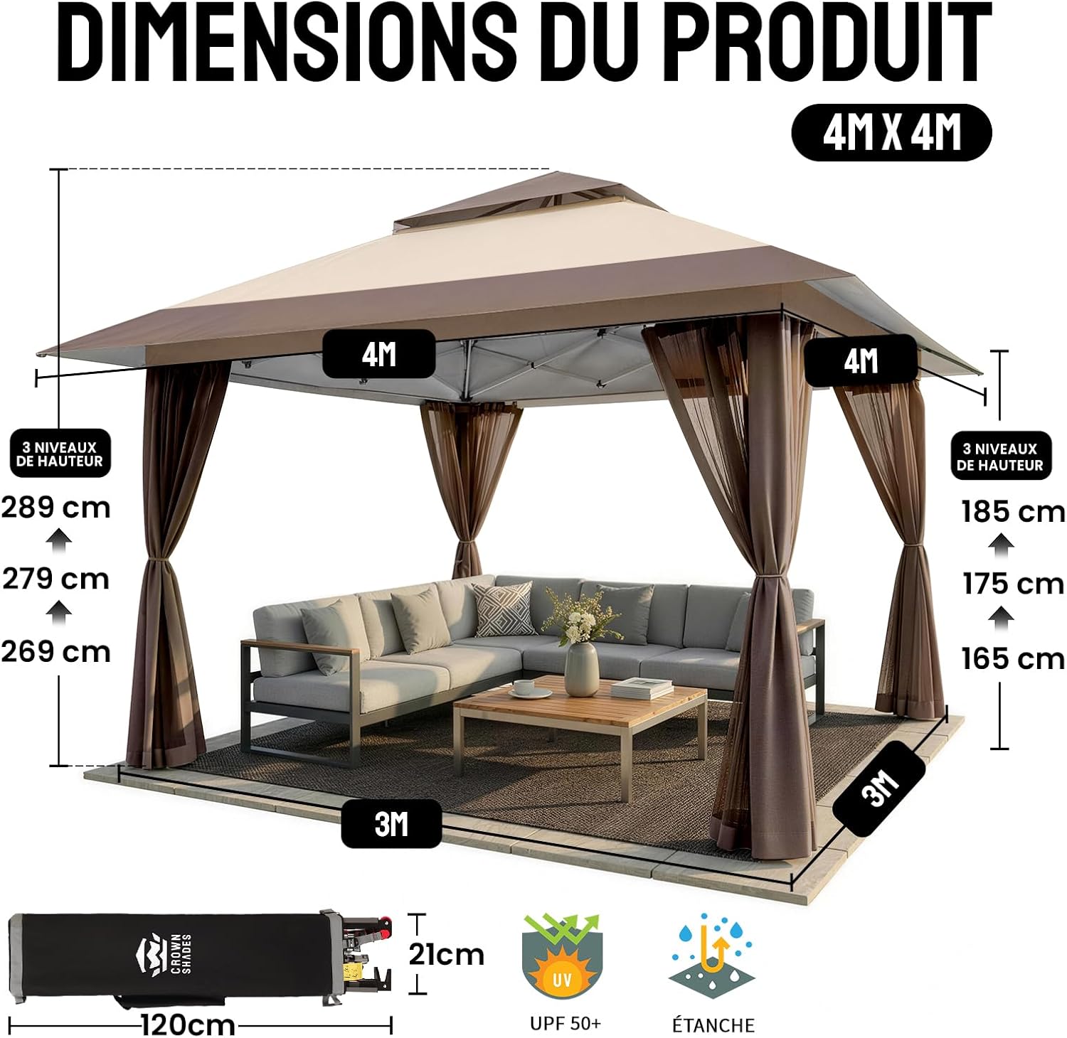 jardinite Tonnelle de Jardin 4 x 4 m, Pop Up Gezebo Exterieur Imperméable, Abri de Jardin Réglable en Hauteur, Double Toit avec Côtés en Maille Zippée, Sac de Transport, Beige