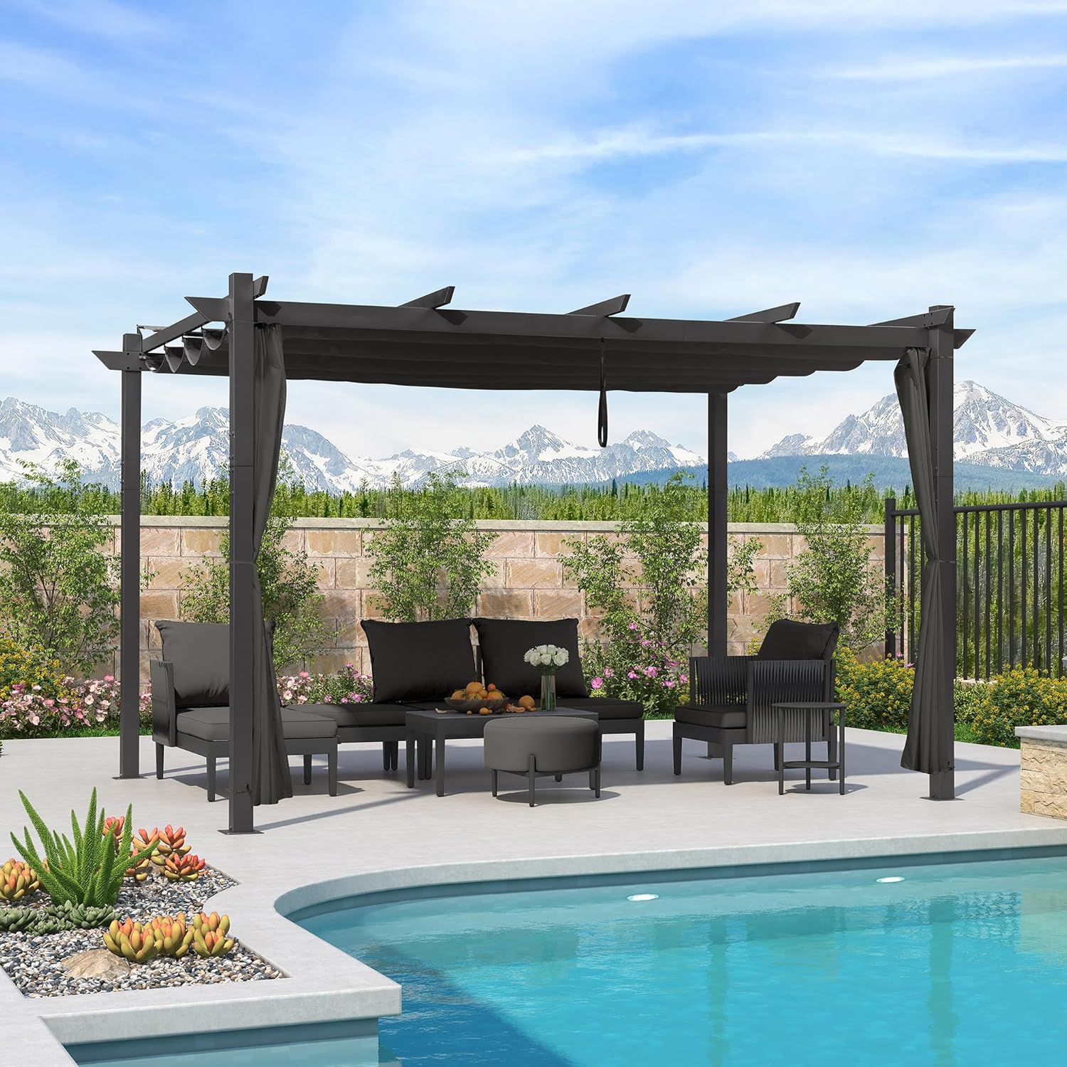 jardinite - Pergola Aluminium - 4x3m - Rideau, toit rétractable, imperméable