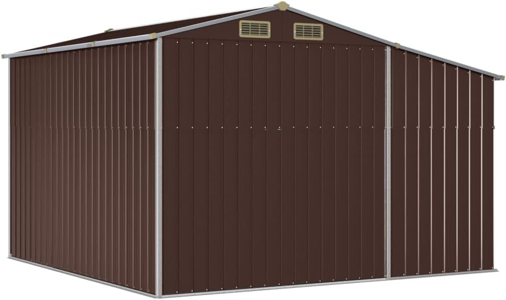 Abri de jardin en acier galvanisé, 277 x 279 x 179 cm, marron, avec espace de rangement généreux et support pour bois de chauffage, métal robuste pour outils de jardin et meubles, poignées de porte