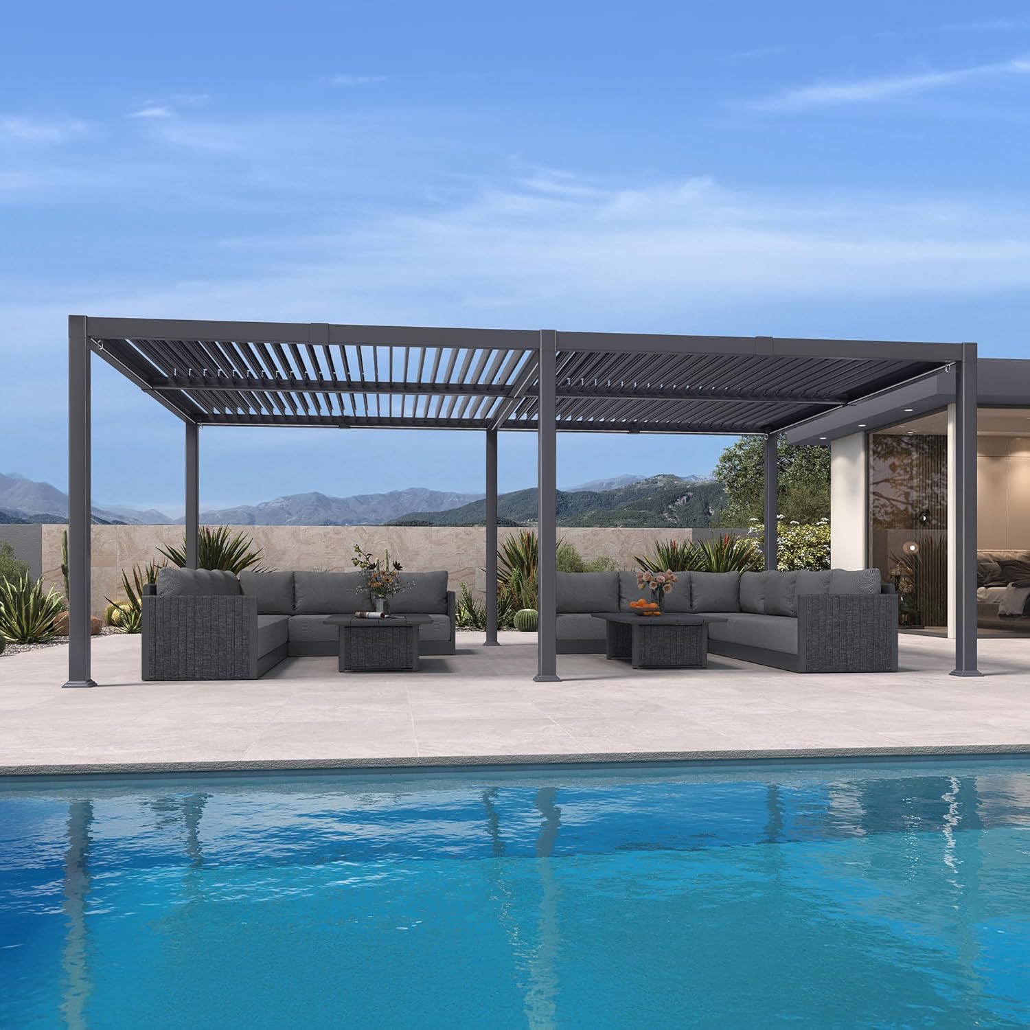 jardinite - Pergola bioclimatique - 4x6m - alu lames LED gris