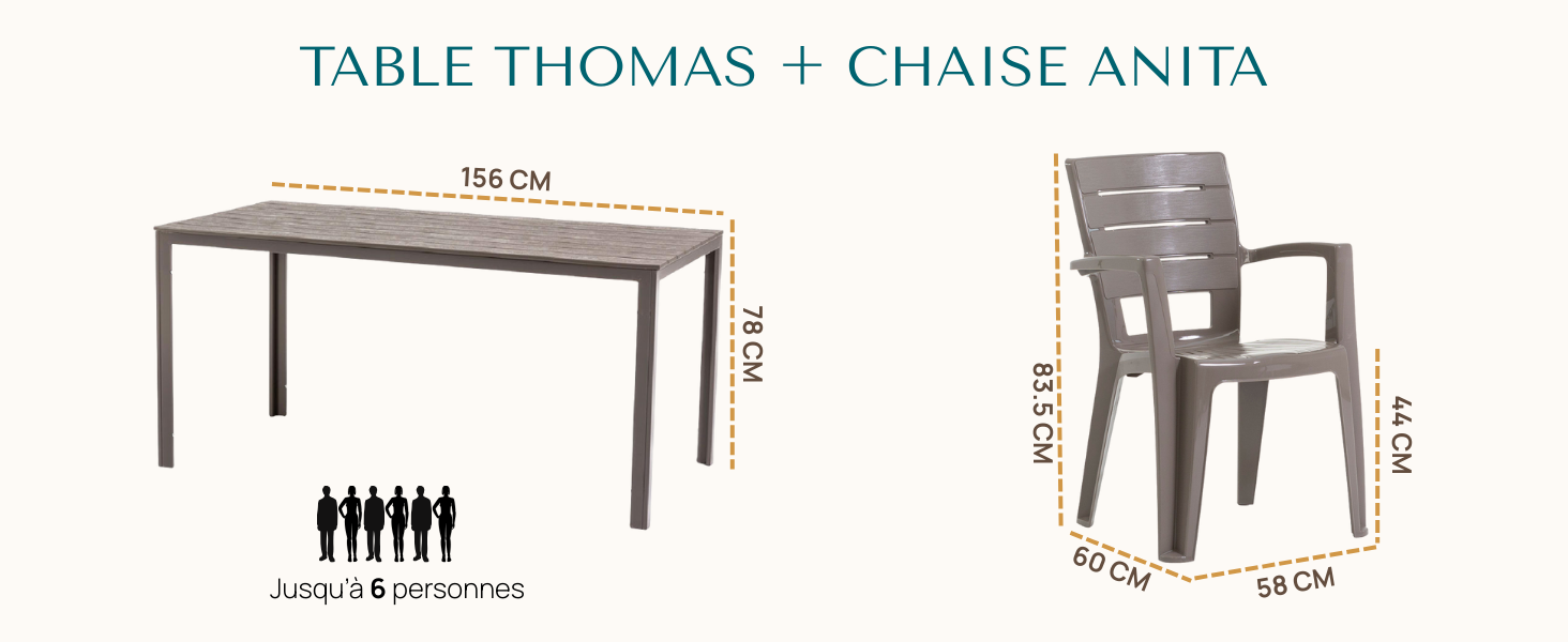 Le texte indique « TABLE THOMAS + CHAISE ANITA ». Schéma technique montrant les dimensions de la table à manger rectangulaire et de l'ensemble de chaises. La table peut accueillir 4 à 6 personnes et les mesures sont clairement indiquées.