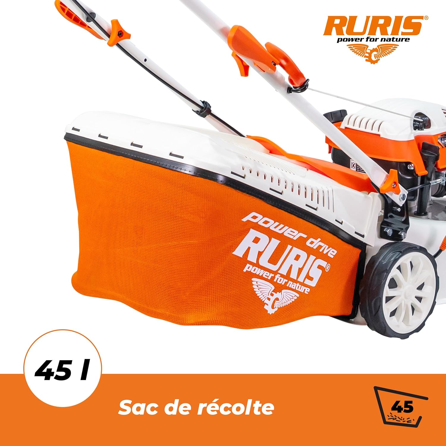 RURIS Tondeuse à Gazon Thermique RX200S, 2,7 CV, 42 cm, Sac 45L, 3 en 1: Collecte, Éjection Arrière, Mulching, Châssis Acier, Hauteur Réglable 25-75 mm, Orange