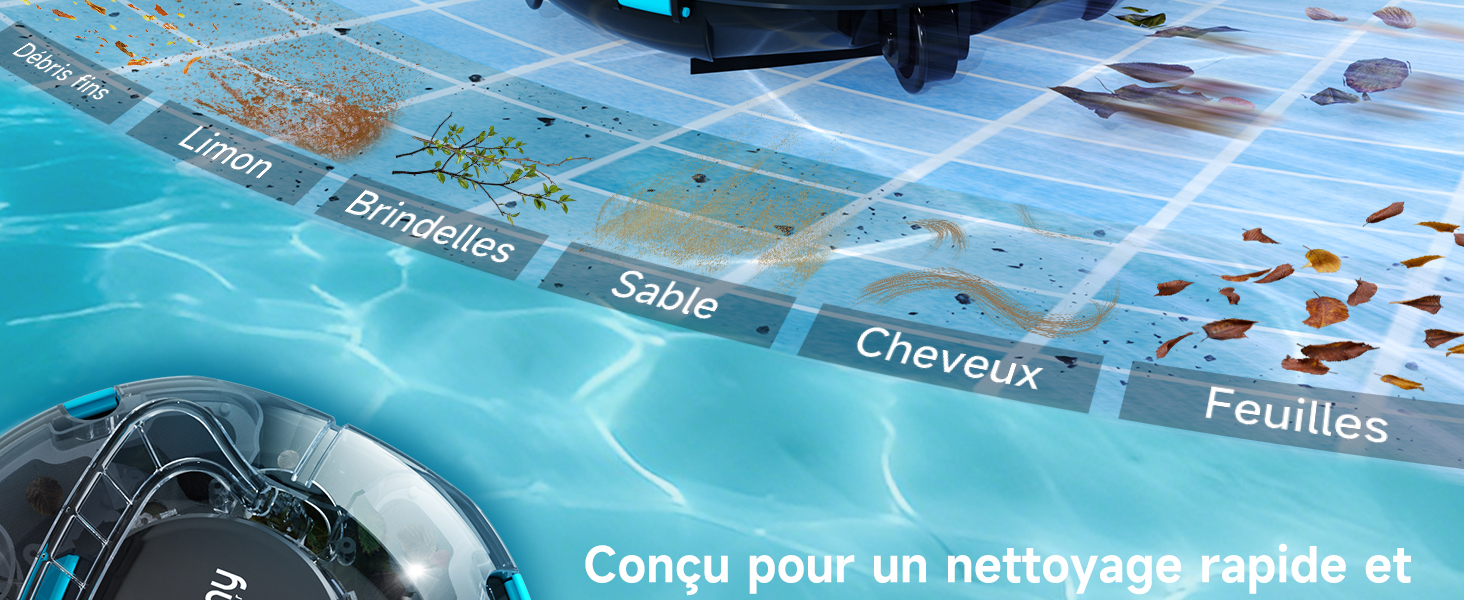 Le texte se lit comme suit : « Conçu pour un nettoyage rapide et », « Respirez », « Sable », « Cheveux », « Feuilles ». Surface de la piscine d'eau bleue avec zones de filtration étiquetées et équipement de nettoyage de piscine noir partiellement visible.