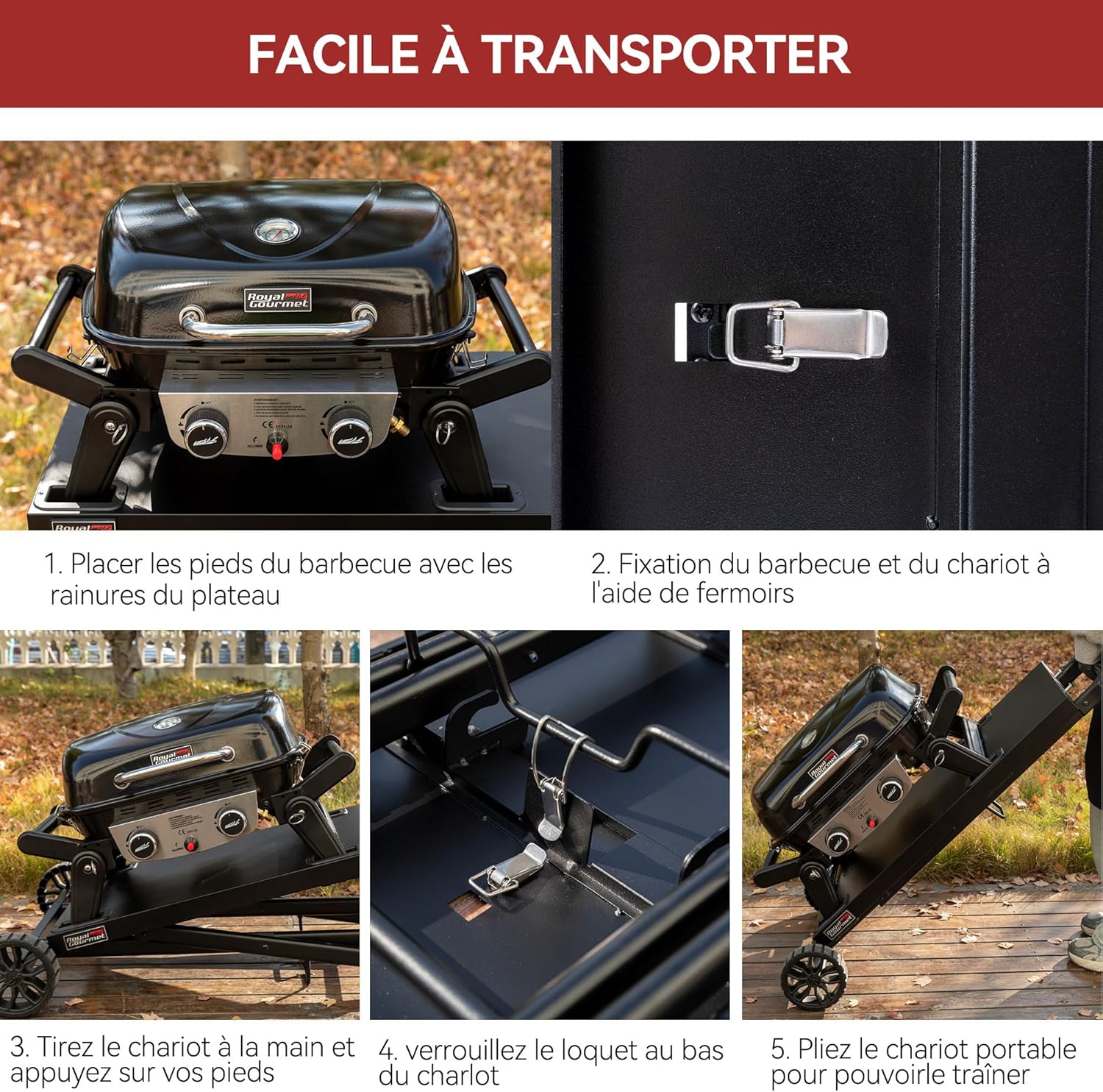 jardinite - barbecue gaz portable - 48x37 cm - 2 brûleurs, tables pliantes, chariot détachable, 5kW