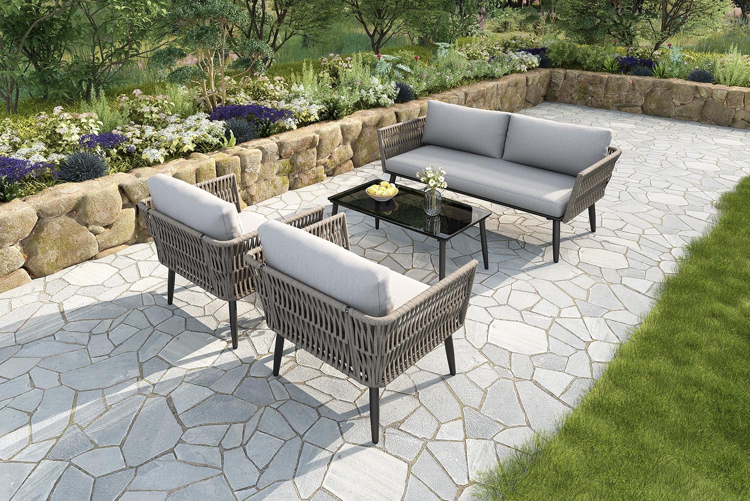 Ensemble de Meubles de jardin 4 places, canapé, fauteuils, table basse, acier, verre, PE tressé