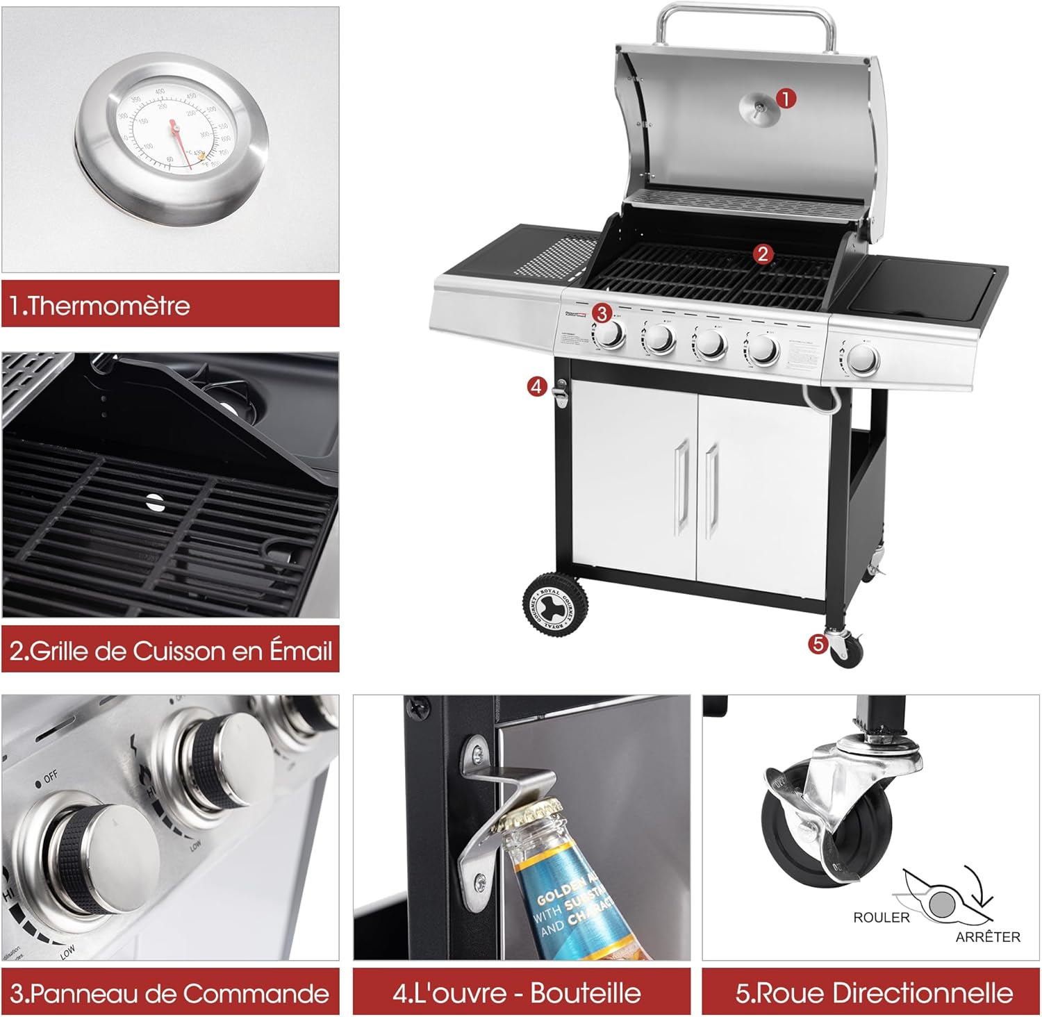 jardinite - Barbecue Gaz 4+1 brûleurs inox - 14,5kW - 2 portes, thermomètre, roues directionnelles